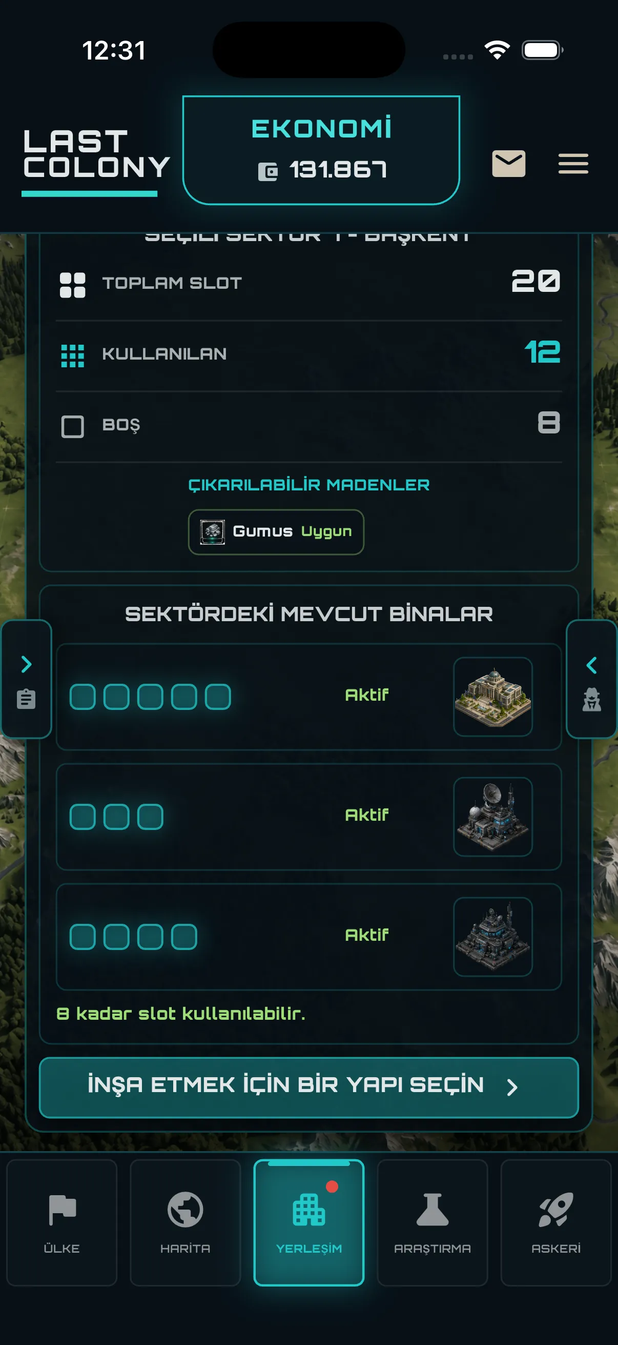 Last Colony bina slotları ve kurulmuş yapılar