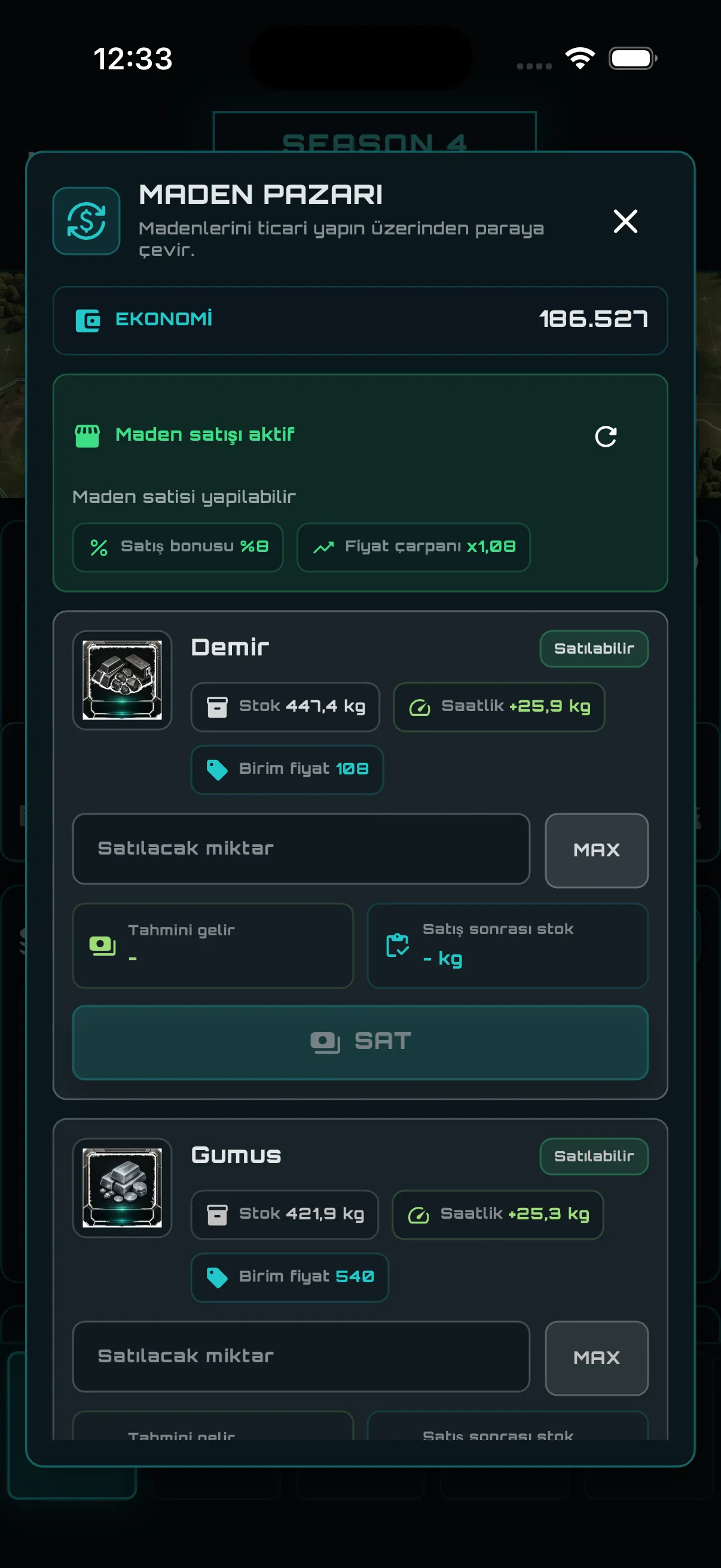 Last Colony maden pazarı ve kaynak satış ekranı