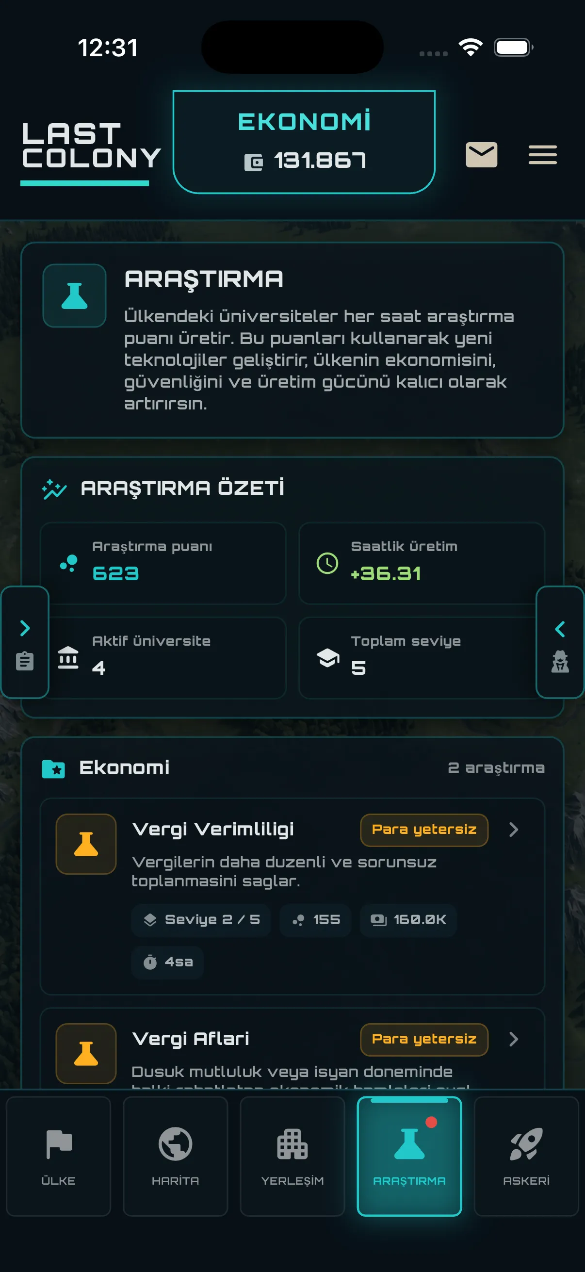 Last Colony araştırma ve teknoloji geliştirme ekranı