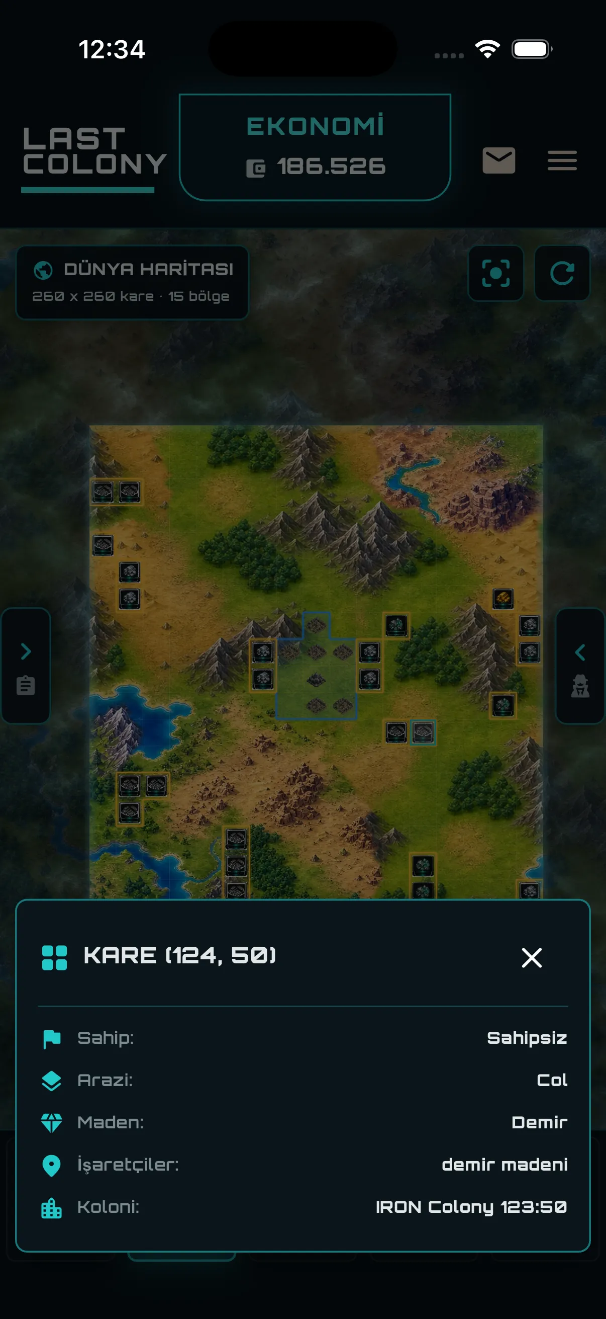 Last Colony haritasında tarafsız koloni ve kaynak bölgesi detayı