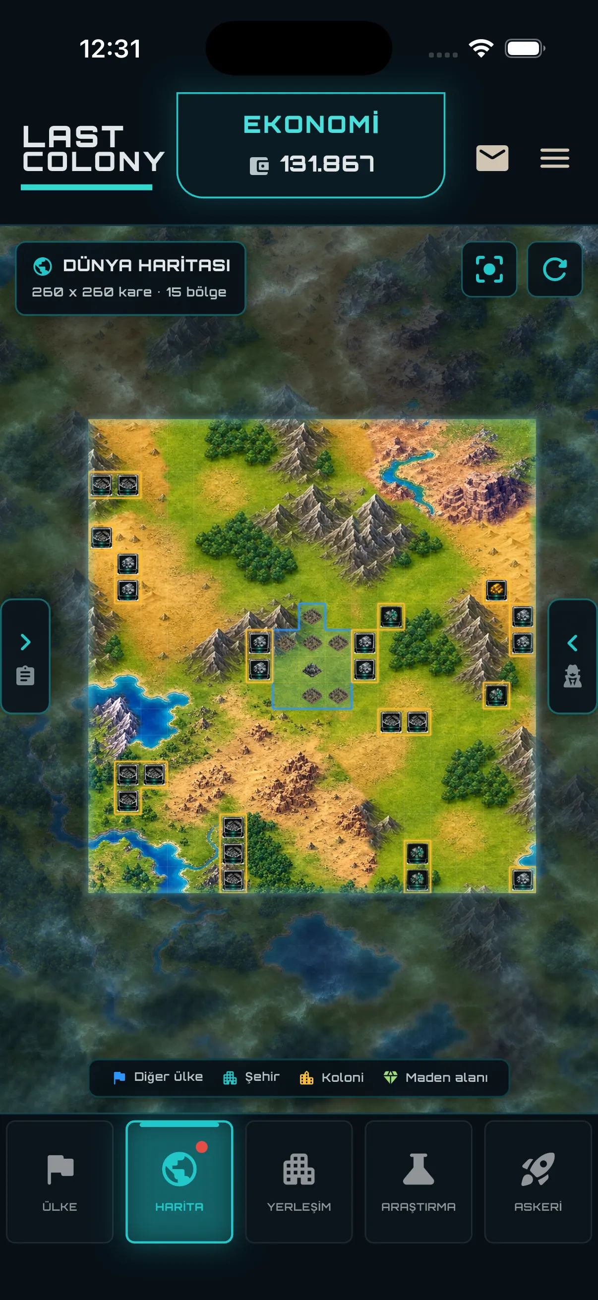 Last Colony dünya haritasında ülkeler, şehirler ve kaynak bölgeleri